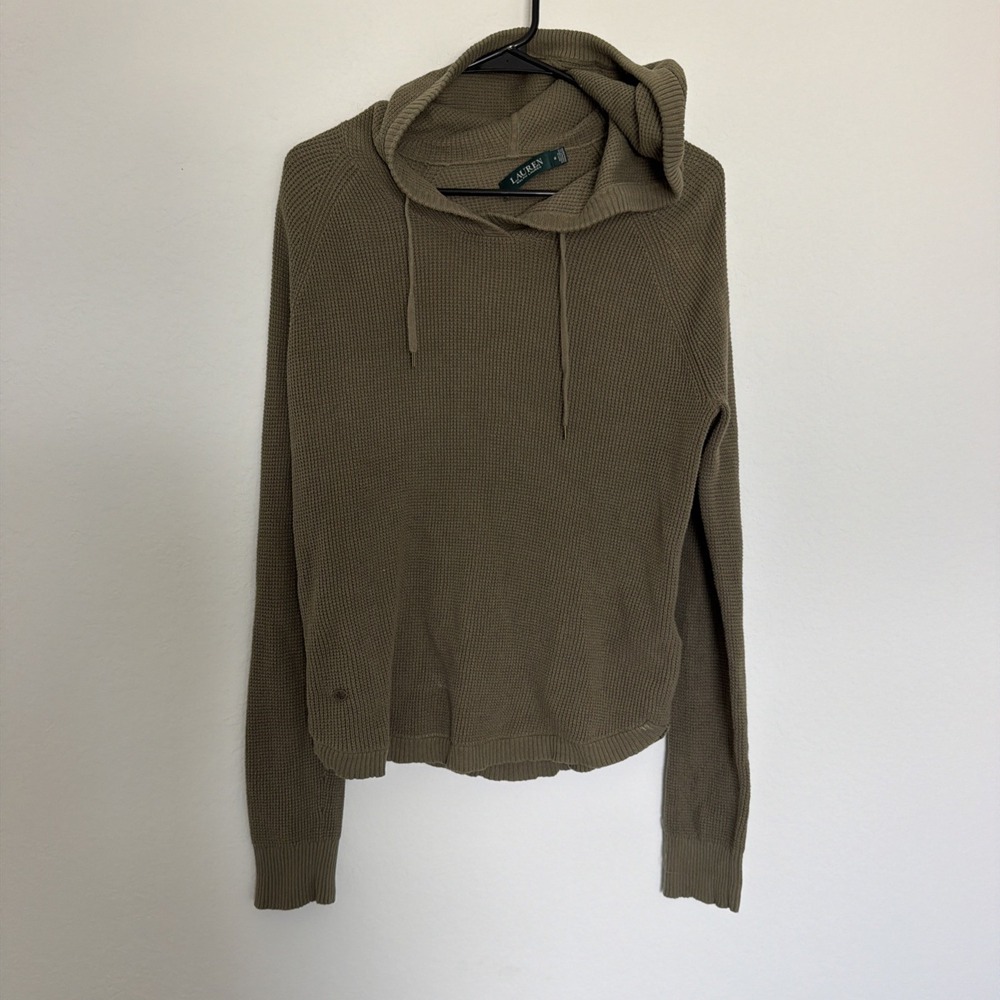 Lauren Ralph Lauren Sweater Womens Medium Green 100% Cotton Hooded Knit